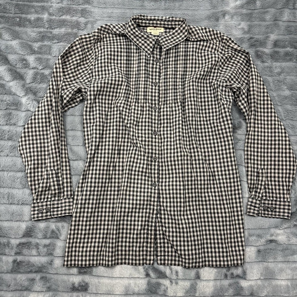 Woolrich Womens XL Black White Gingham Cotton Button Down Tie Back Shirt A2287